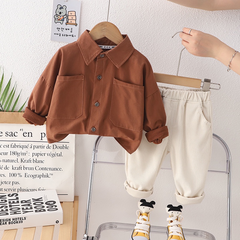 Set Đồ 2 Món Gồm Áo Sơ Mi Tay Dài Cổ Bẻ Thời Trang Mùa Xuân Cho Bé Trai 0-6 Tuổi