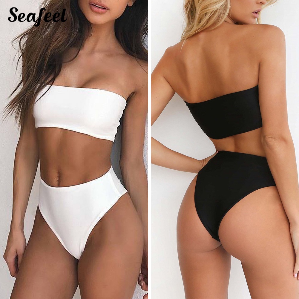 Bộ Đồ Bơi Bikini Dạng Ống Lưng Cao Màu Sắc Trơn Quyến Rũ Dành Cho Nữ