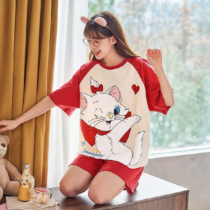 Bộ Đồ Mặc Ở Nhà Ngắn Tay Chất Liệu cotton in Hình Hoạt Hình Dành Cho Nữ