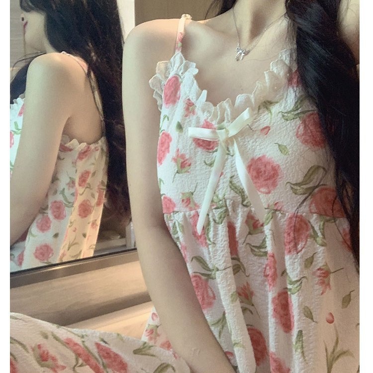 Đầm Ngủ Hai Dây Dáng Dài Rộng Bằng Vải Cotton Cao Cấp Họa Tiết Hoa Hoạt Hình Thời Trang Mùa Hè Mát Mẻ Dành Cho Học Sinh