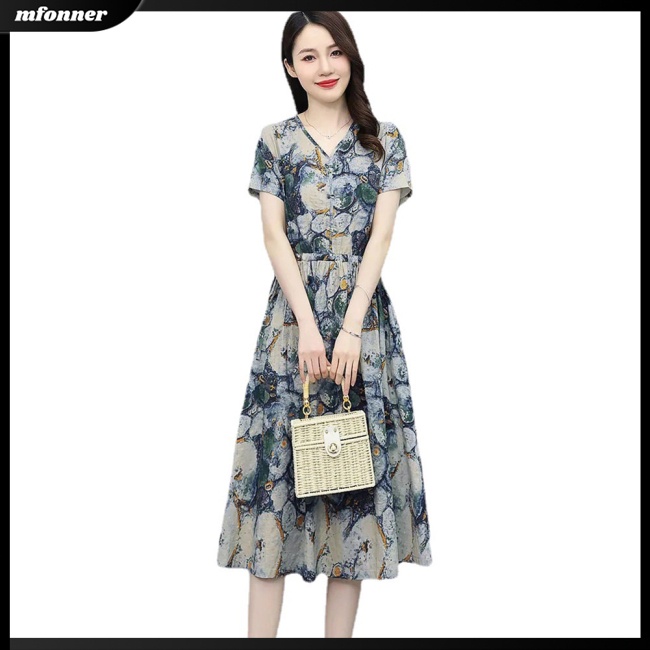 Đầm Midi Ngắn Tay Dáng Chữ A Lưng Cao In Hoa Phối Túi Thời Trang Mùa Hè Cho Nữ