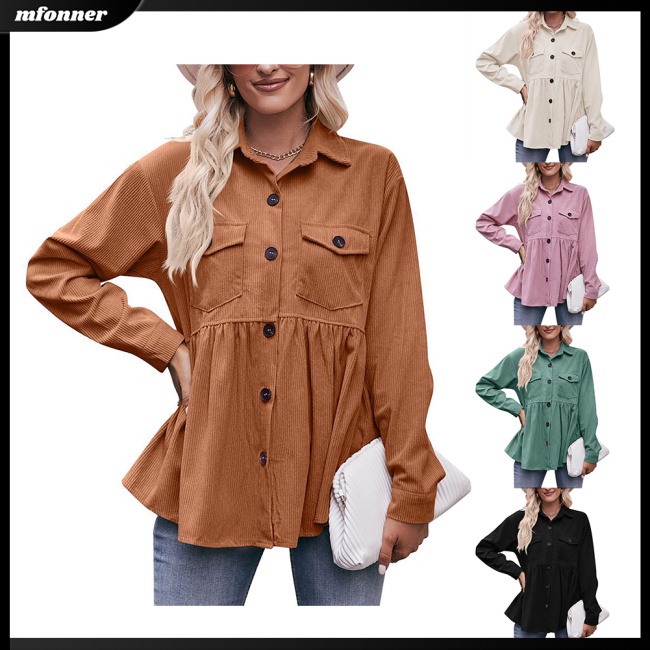 Áo Khoác Nhung Kẻ Tay Dài Màu Trơn Cài Nút Có Túi Dành Cho Nữ