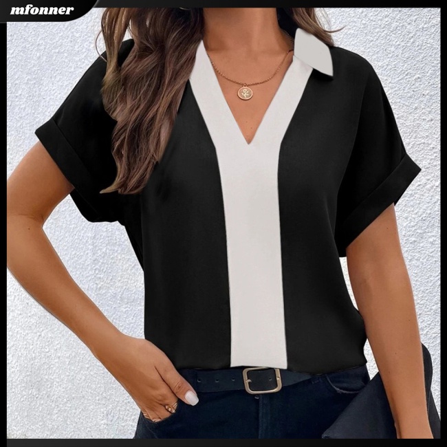 Áo Sơ Mi Tay Ngắn Cổ Chữ V Dáng Rộng Màu Tương Phản Thoáng Khí Thời Trang Cho Nữ