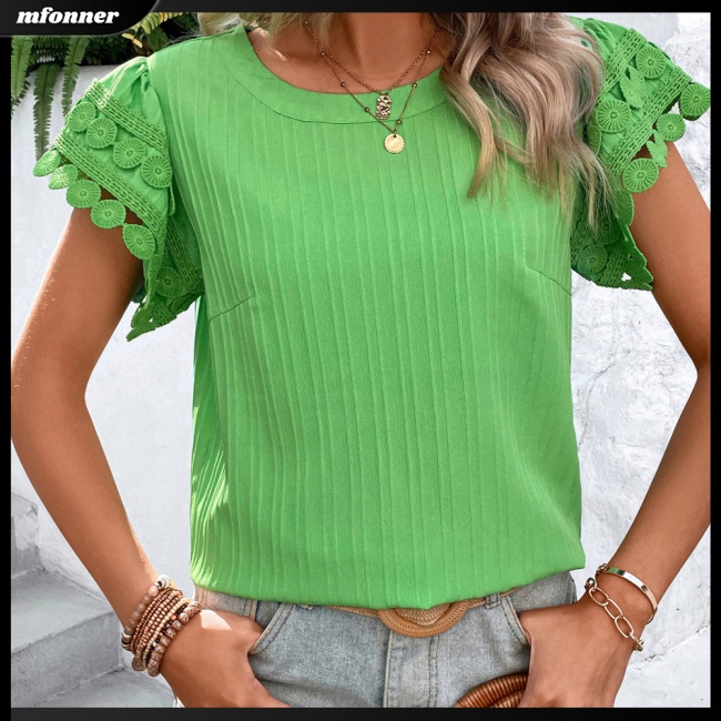 Áo Thun Nữ Tay Ngắn Cổ Tròn Phối Ren Màu Sắc Ngọt Ngào