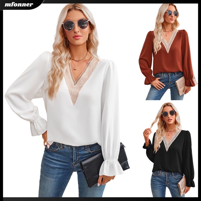 Áo Ren Tay Dài Cổ Chữ V Màu Sắc Thanh Lịch Dành Cho Nữ