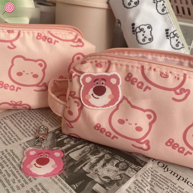 Túi Đựng Bút Sức Chứa Lớn In Họa Tiết Gấu Hồng Dễ Thương Có Khóa Kéo Phong Cách Hàn Quốc Cho Học Sinh
