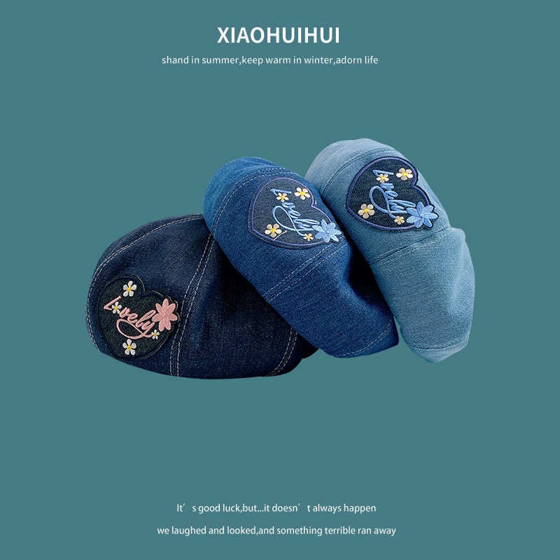 Mũ Beret Denim Mỏng Thêu Hình Trái Tim Phong Cách Hàn Quốc Ngọt Ngào Cho Nữ