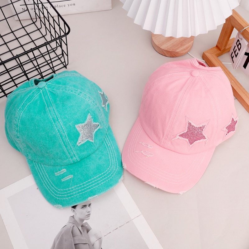 Mũ Lưỡi Trai Denim Cotton Thêu Ngôi Sao Lấp Lánh Phong Cách Retro Đường Phố Đơn Giản Có Lỗ Buộc Tóc Đuôi Ngựa Có Thể Điều Chỉnh