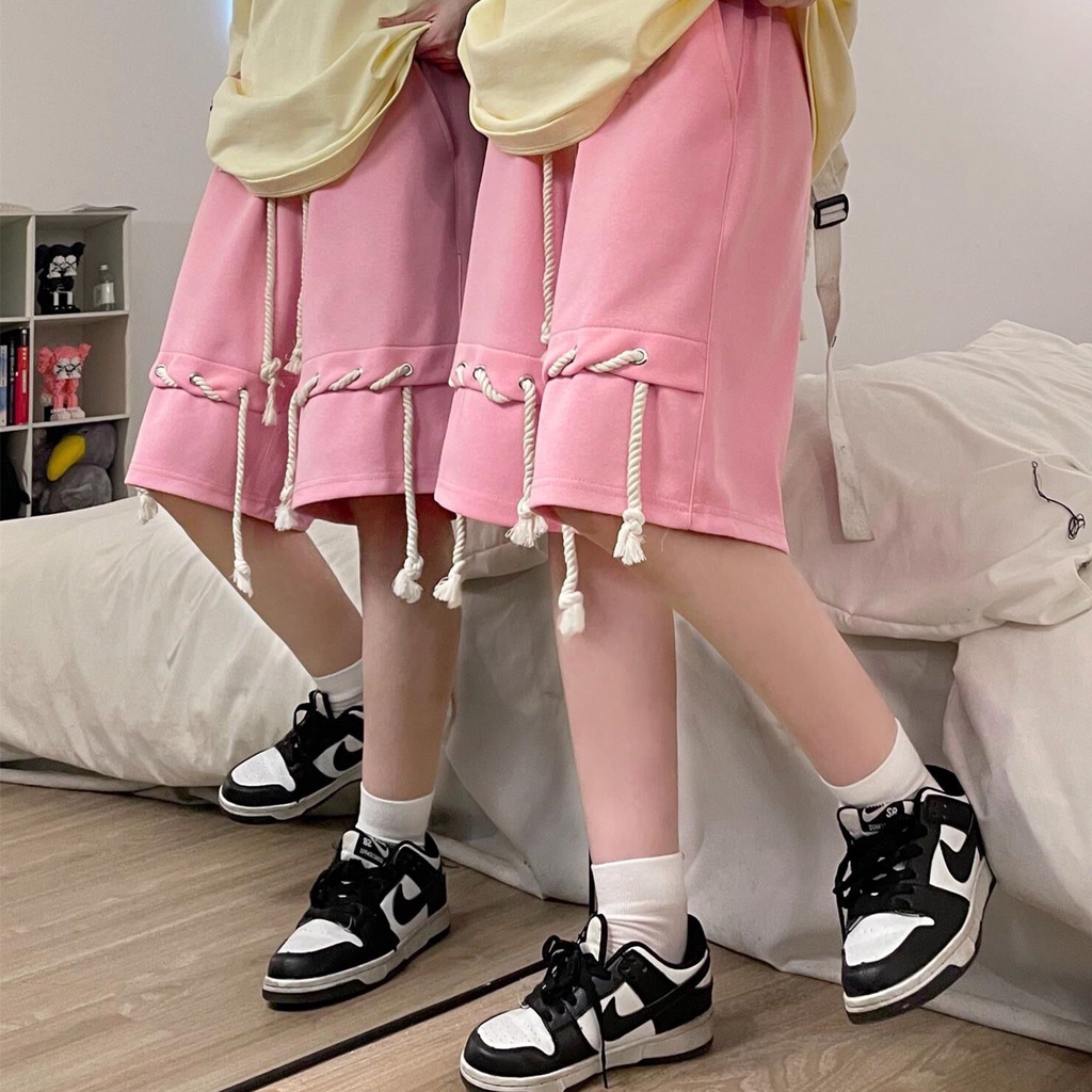 Quần Short Thể Thao Dáng Rộng Phối Dây Rút Thời Trang Retro Cá Tính Cho Nữ