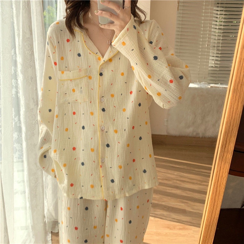 Bộ Đồ Ngủ Dài Tay Họa Tiết Chấm Bi Nhiều Màu Sắc Thời Trang Xuân Thu Cho Nữ