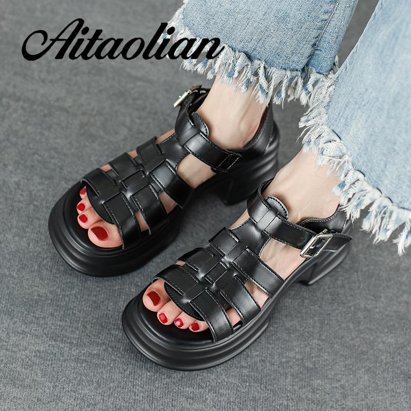 Xăng đan Da Thật 6cm Mũi Tròn Thời Trang Cho Nữ