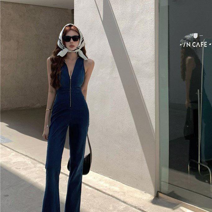 M582 - Jumpsuit jeans nữ sát nát ống loe tôn dáng, jumpsuit jean denim thời trang