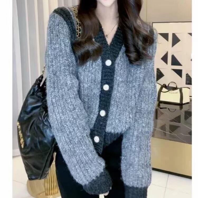 Áo Khoác Cardigan Dệt Kim Dáng Rộng Phối Màu Tương Phản Trẻ Trung Phong Cách Hàn Quốc