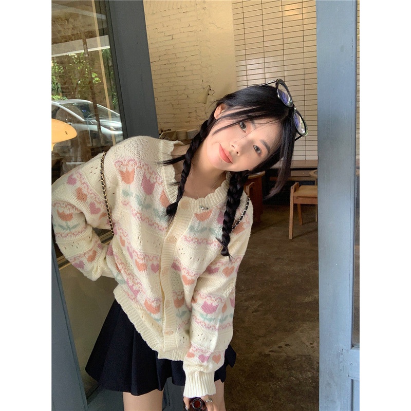 Áo Cardigan Dệt Kim Dáng Rộng Họa Tiết Hoa Tulip Thời Trang Xuân Hè Phong Cách Nhật Bản Cho Nữ
