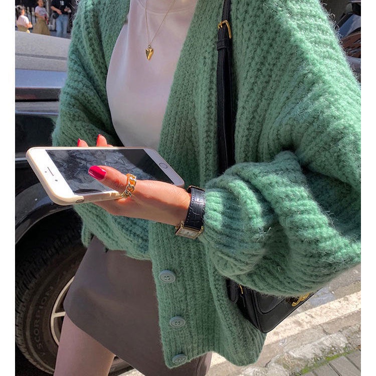 Áo Khoác Cardigan Dệt Kim Cổ Chữ V Dáng Rộng Màu Trơn Phong Cách Hàn Quốc Mới