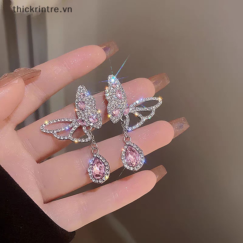 1 Đôi Bông Tai Hình Bướm Đính Đá Zircon Hồng Lấp Lánh Thời Trang Dành Cho Nữ