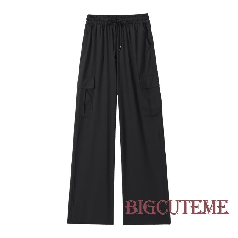 Quần Dài Eo Cao Dáng Rộng Có Túi Màu Sắc Đơn Giản Cho Nữ