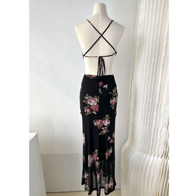 ((M &amp; E) Đầm Hai Dây Đuôi Cá Dáng Dài In Họa Tiết Hoa Hồng Phong Cách Retro Quyến Rũ Cho Nữ