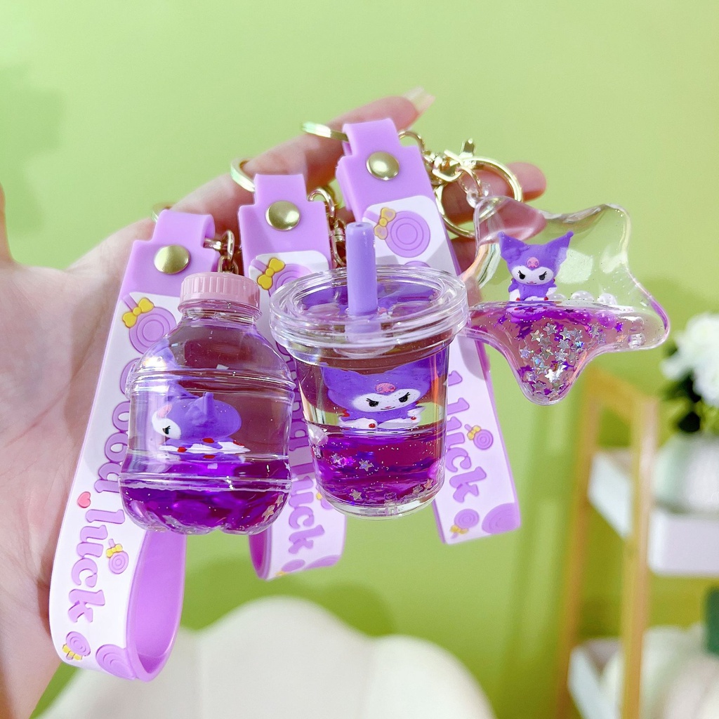 Móc Khóa Hình Búp Bê Kuromi Và Ly Trà Sữa Bằng Acrylic Phối Kim Tuyến Nước Sáng Tạo