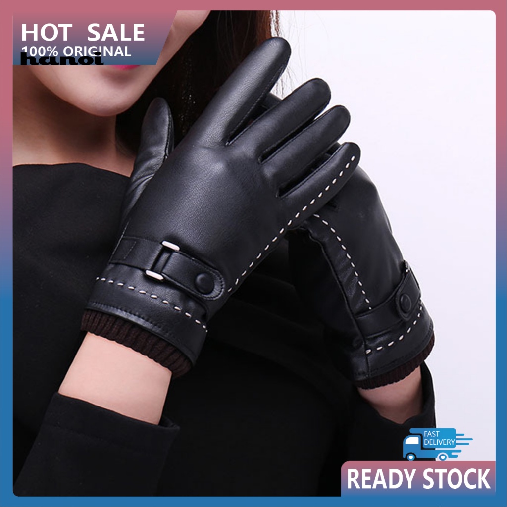 1 Đôi Găng Tay Da Giả Lót Lông Cừu Giữ Ấm Chống Gió Có Thể Chạm Màn Hình Cảm Ứng