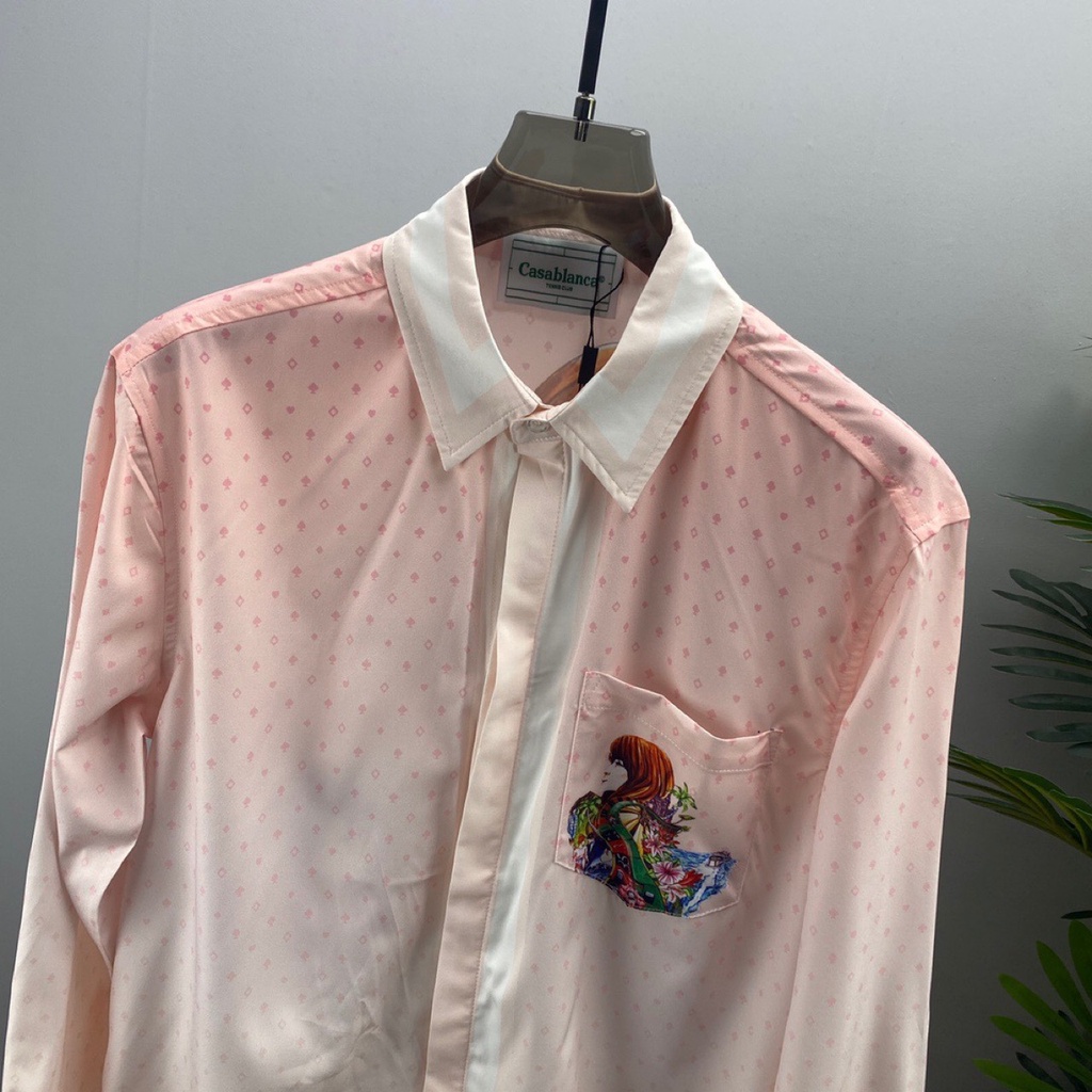 WKNM CASABLANCA fashion brand European long-sleeved shirt light pink lapel letter printed cardigan shirt in stock