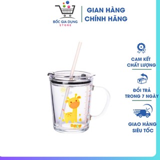 Ly thủy tinh chia vạch họa tiết có ống hút