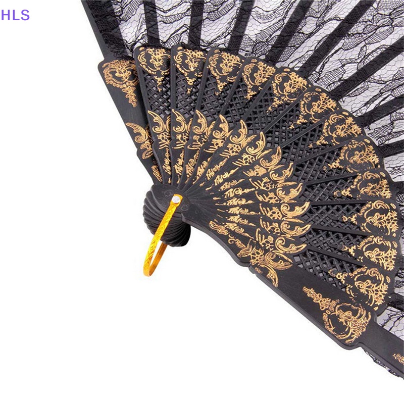Quạt Xếp Cầm Tay Bằng Lụa Phối Ren Hoa Màu Đen Phong Cách Tây Ban Nha