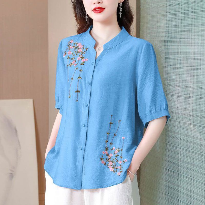 Hàng Có Sẵn Bán Chạy Áo Sơ Mi Cotton Lanh Mỏng Tay Ngắn Dáng Rộng Che Bụng Nhỏ Thêu Họa Tiết Thời Trang Cho Mẹ LF