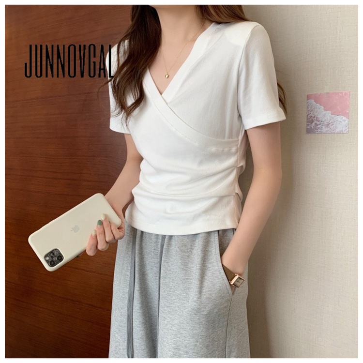 Áo thun JUNNOVGAL đắp chéo tà thời trang gợi cảm đa năng 2023 cho nữ