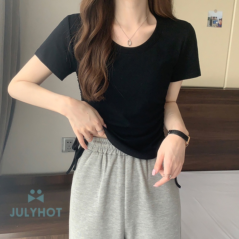 Áo Thun Tay Ngắn Cổ Tròn Màu Trơn Phối Dây Rút Thời Trang Cho Nữ