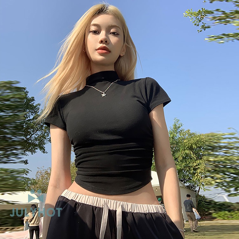 Mát mùa hè Mỹ Retro nửa cao Cổ Ngắn Tay Áo T-shirt phụ nữ rắn màu mỏng Crop Top VN