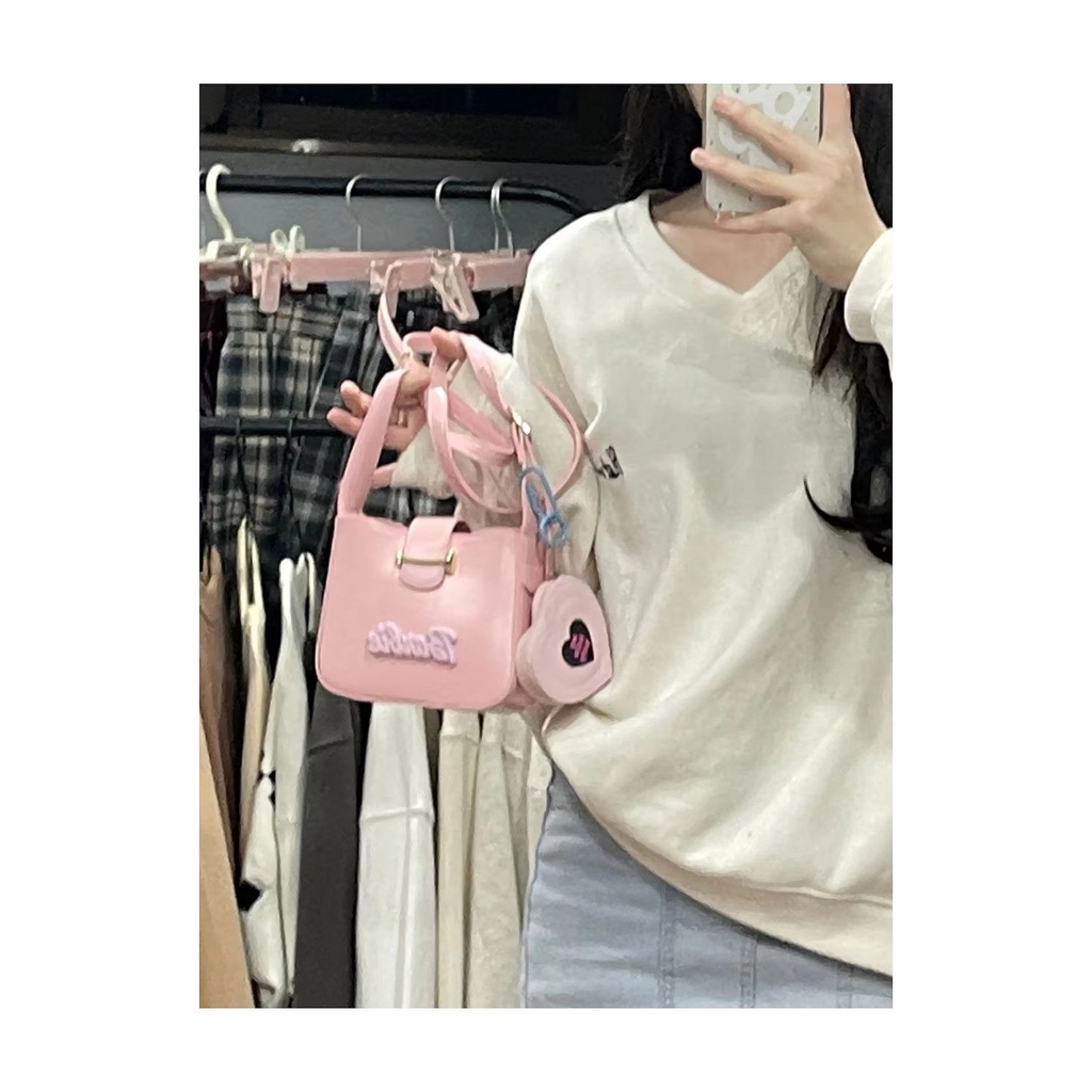 Túi xách nữ màu hồng Túi vuông nhỏ đơn giản Túi đeo vai 15X13