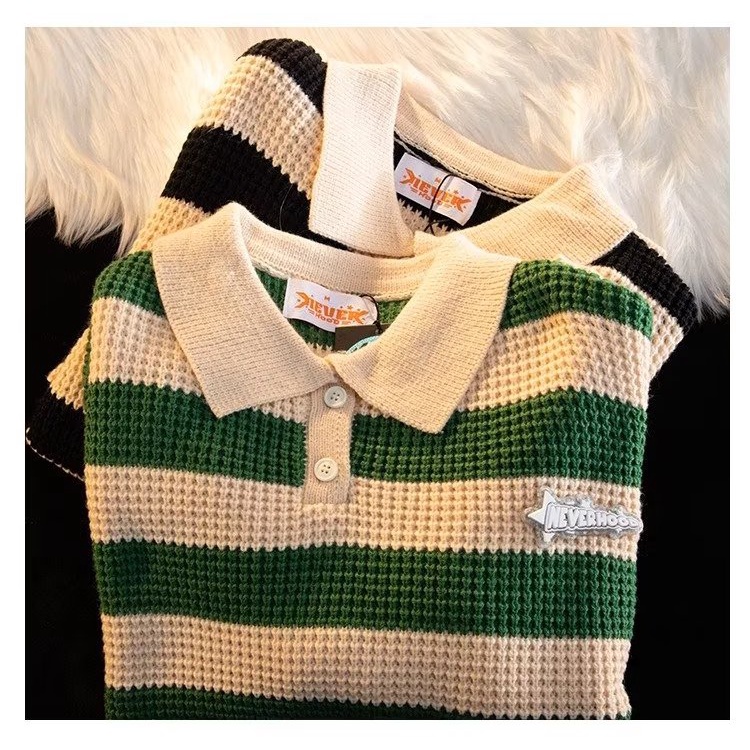 Áo Sweater polo Dáng Rộng Mềm Mại Sọc Xanh Lá Kiểu Nhật Bản Thời Trang Cao Cấp Cho Nam