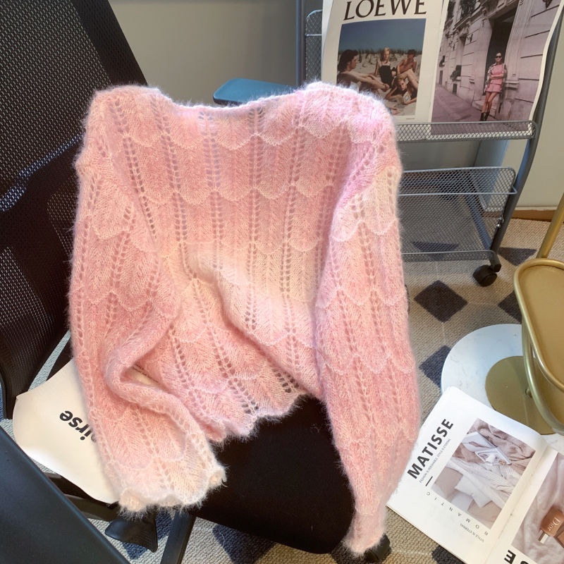 Mohair rainbow sweater women early spring 2023 new style gentle style pullover top sweet hollow long-sleeved knitwear