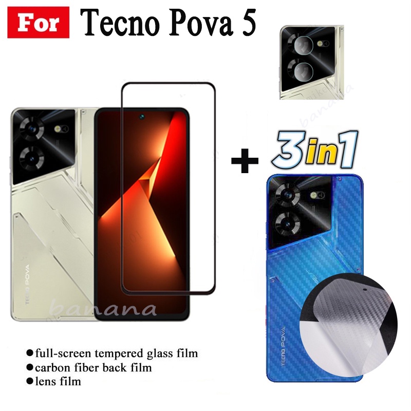 Tecno Pova 5 Kính Cường Lực Full Cover Phim Cho Tecno Pova 4 Pro 3 Neo 2 Spark 10 Pro 10C Go 2023 Camon 20 Pro 3 in1 Ống Kính Máy Ảnh Bảo Vệ Màn Hình Kính