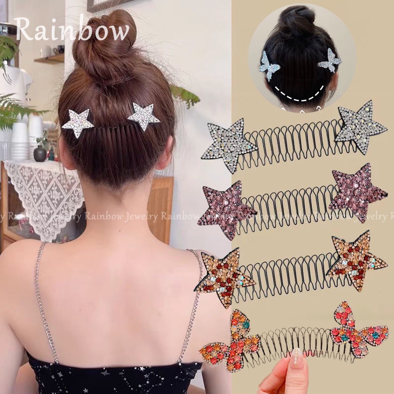Lược Cài Tóc Gãy Y2k Đính Đá Hình Bướm Màu Cầu Vồng Xinh Xắn