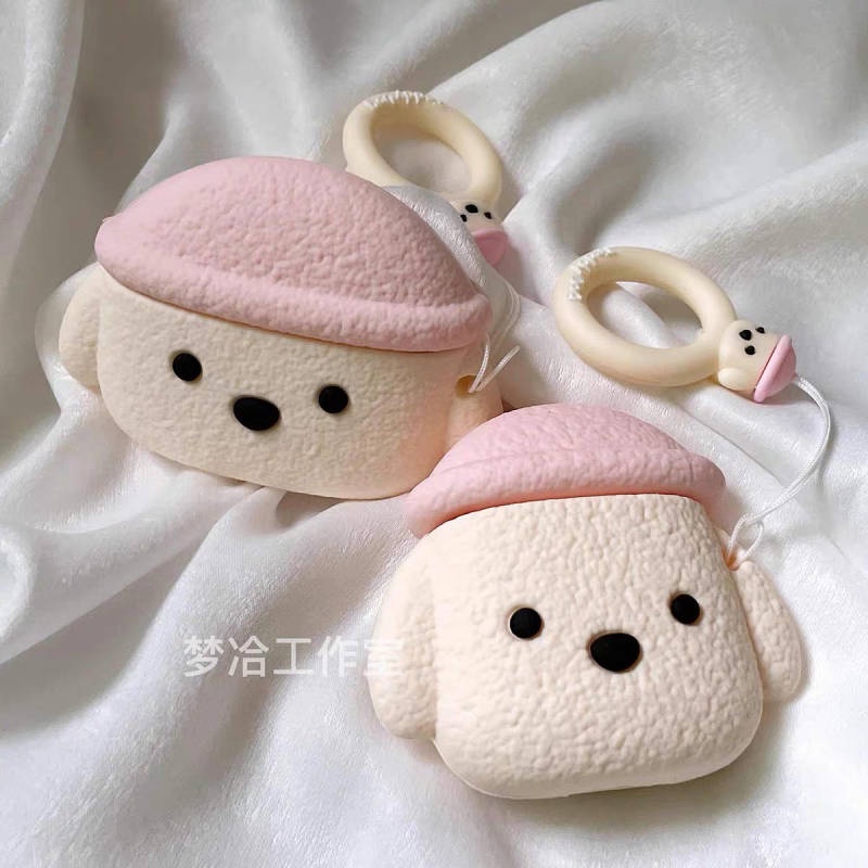 Vỏ Bảo Vệ Hộp Sạc Tai Nghe airpods Pro Apple airpods 1 / 2 / 3 Hình Chú Chó Teddy Đội Nón Màu Hồng Dễ Thương