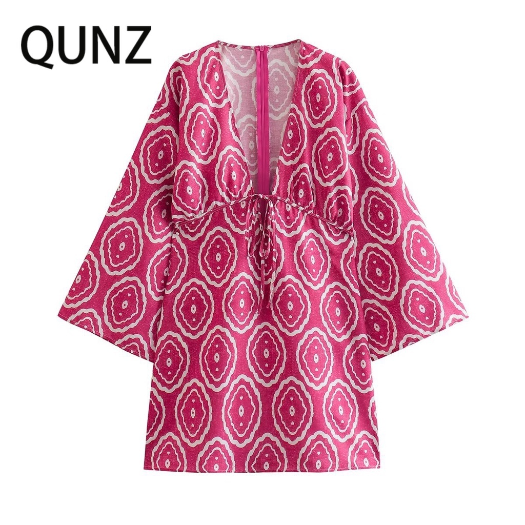 Qunz Đầm Dáng Rộng Cổ Chữ V In Họa Tiết Xinh Xắn 2714
