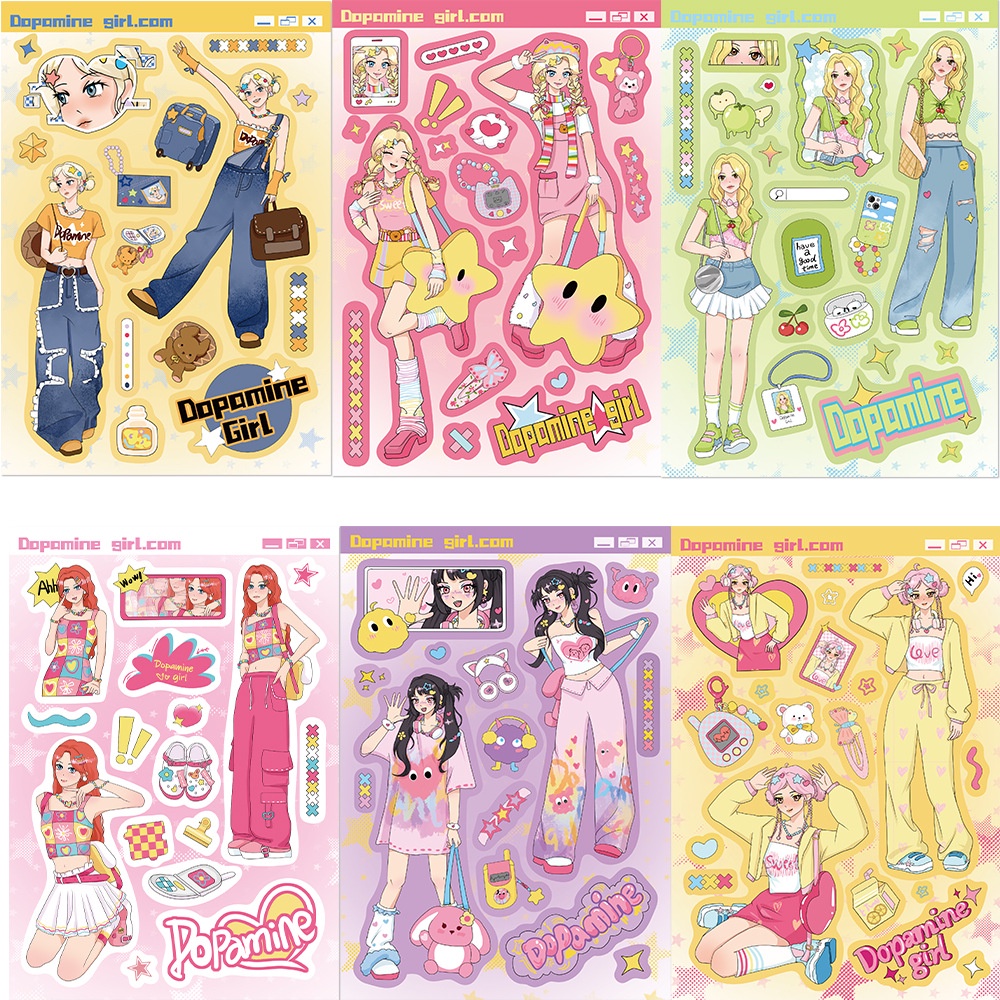 Bộ 8 Đề Can Dán Trang Trí Mũ Bảo Hiểm / Bút Chì diy Hình Cô Gái dopamine