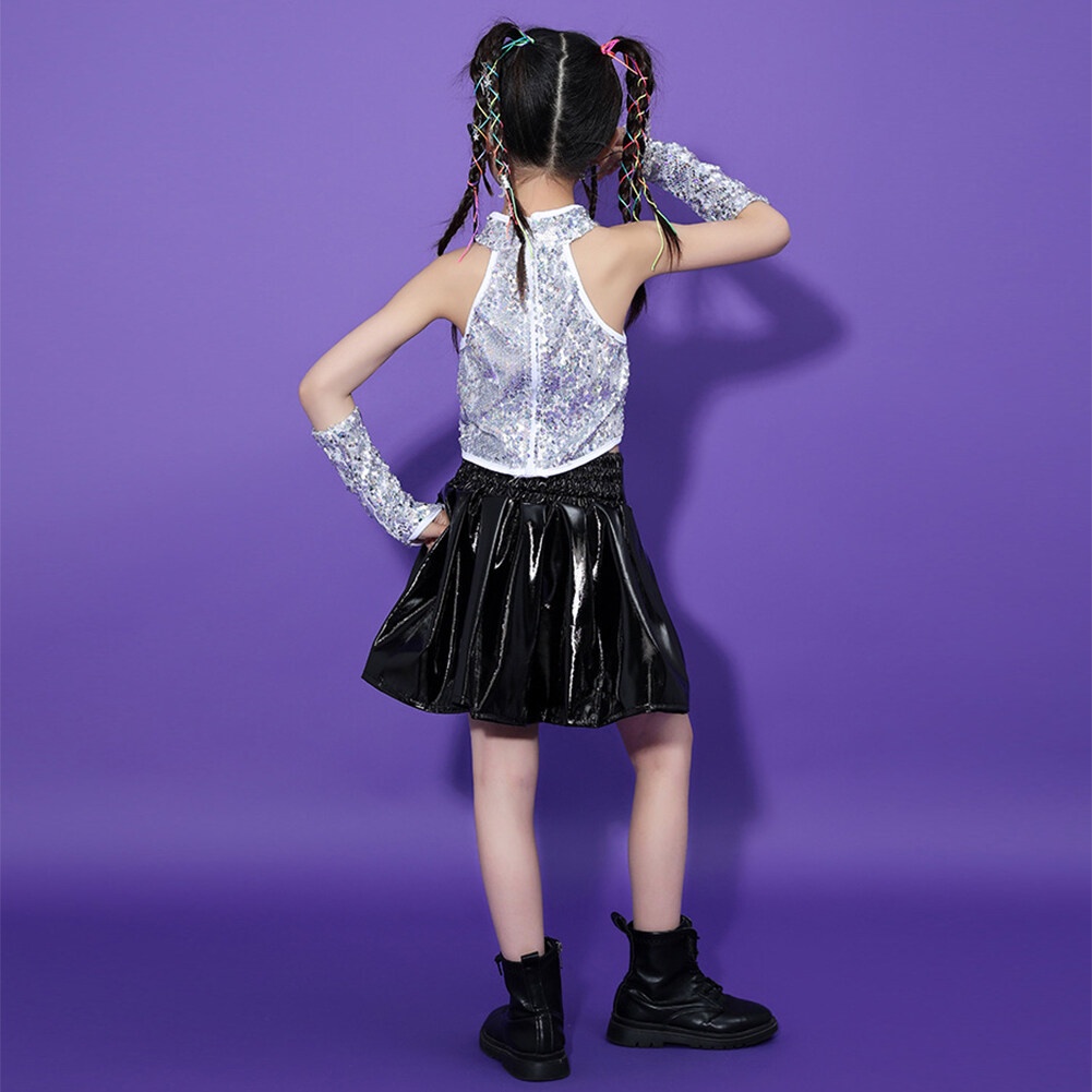Trẻ em cô gái sequin trang phục phù hợp với vest không tay trên cùng với cuff váy da đen long lanh trang phục trẻ em hiphop jazz quần áo khiêu vũ đường phố hiện đại
