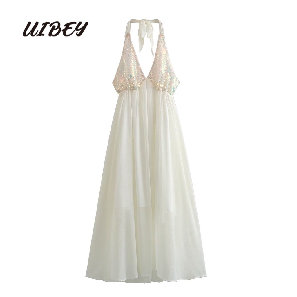 Đầm UIBEY 4859 eo cao hở lưng phối cổ yếm chữ V thời trang