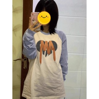NRVP Mới 100% cotton dài tay áo thun nữ lỏng nhân quả cổ tròn oversize thương hiệu địa phương tees