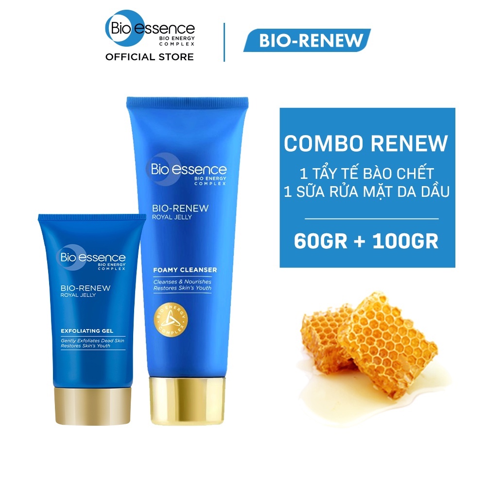 Bộ Gel tẩy tế bào chết Bio-Essence Bio-Renew 60g + Sữa rửa mặt dưỡng da (da dầu & hỗn hợp) Bio-essence Bio-Renew 100g