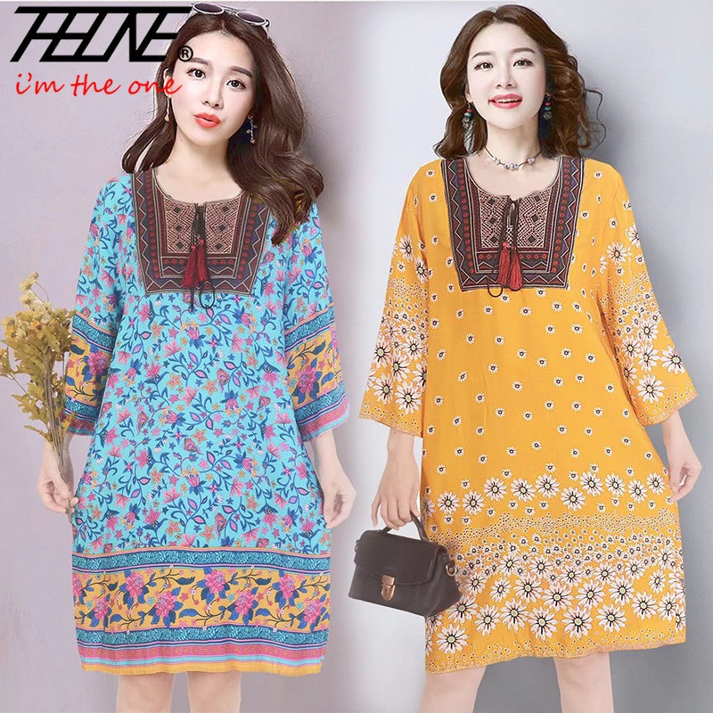 Thone Đầm midi Ngắn Dáng Rộng Cổ Tròn Thêu Hoa Phong Cách Ấn Độ Thời Trang Đi Biển Cho Nữ