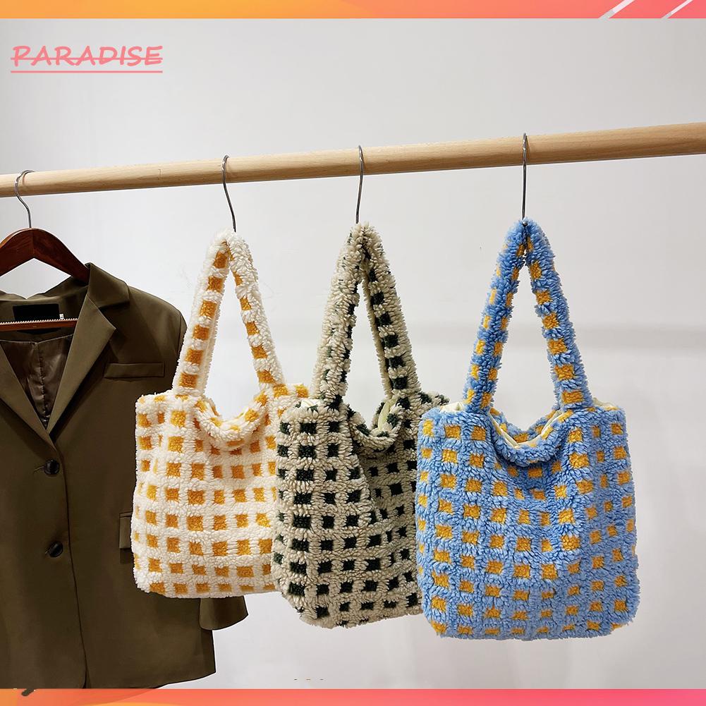 Túi Xách Đeo Vai Bằng Vải Lông Họa Tiết Kẻ Sọc Thời Trang Mùa Đông Có Tay C