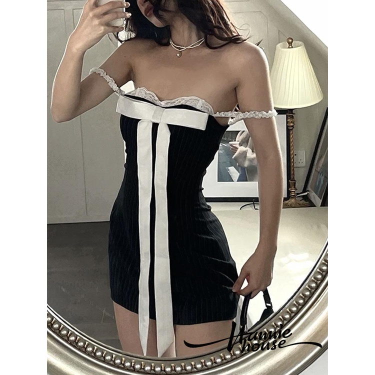 Hannie-women ́s màu đen trễ vai ren khâu nơ trang trí váy