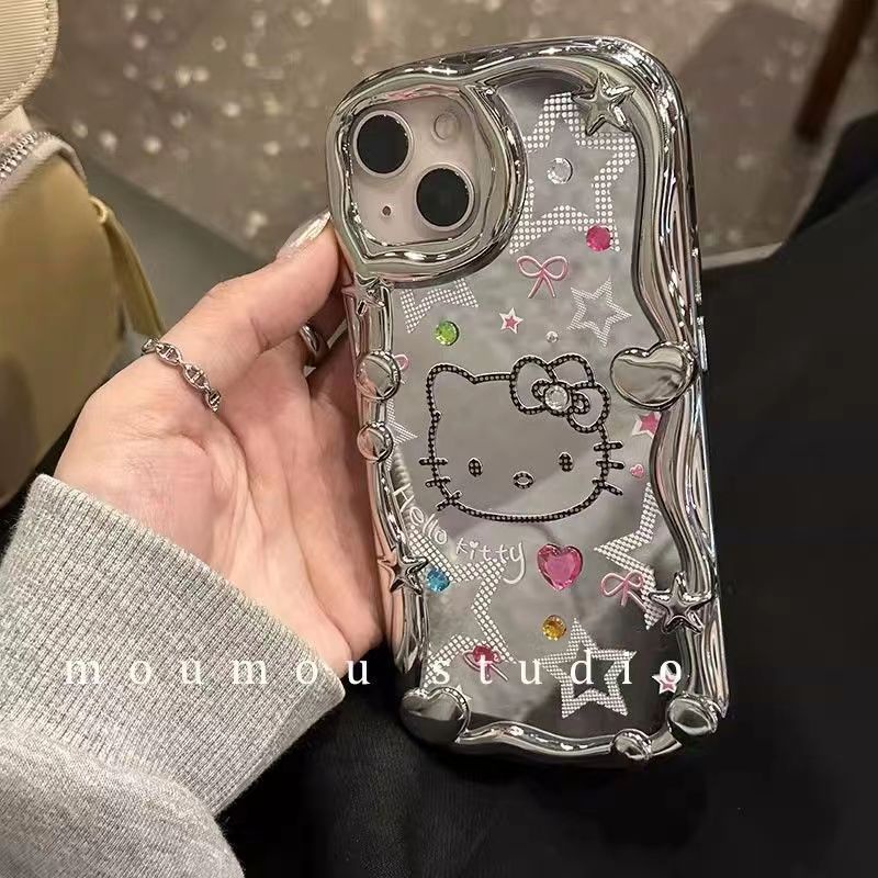 Ốp lưng iPhone Hello kitty for iphone14pro electroplated silver soft case rhinestone cat bracket drop-resistant apple 13 phone case