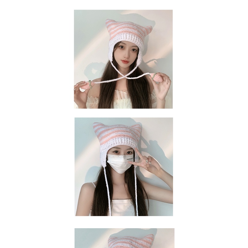 Ya Yabi Mũ Len Dệt Kim Chui Đầu Đính Quả Bông Tròn Kẻ Sọc Thủ Công Phong Cách Yabi Cho Nữ Linna