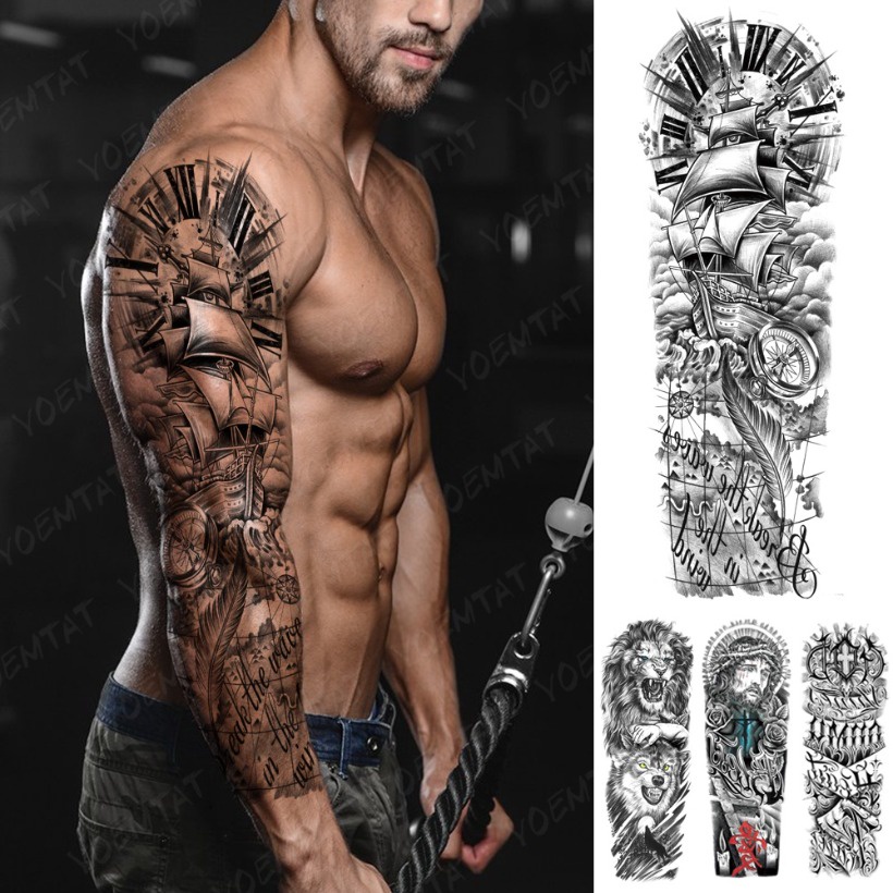 Pirate ship neo lớn đầy đủ cánh tay tay áo không thấm nước hình xăm tạm thời sticker viking đồng hồ la bàn nghệ thuật cơ thể giả tato phụ nữ đàn ông bán tốt