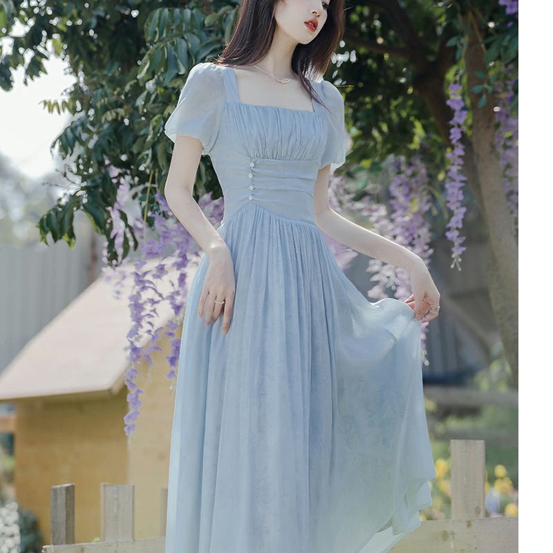 Đầm Tay Phồng Cổ Vuông Thiết Kế Mới Xinh Xắn Thời Trang Theo Phong Cách Pháp